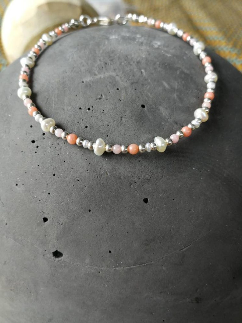 Summer bracelet with Astkorallperlenfreshwater pearlssterling silver beads18.5 cmhand workgift for yousingle pieceMother/'s Day