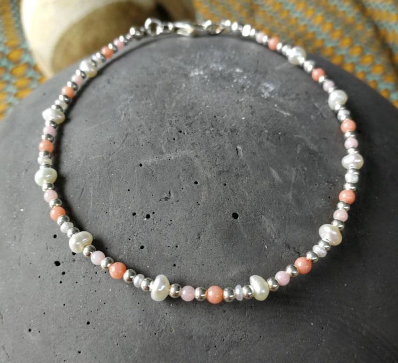 Summer bracelet with Astkorallperlenfreshwater pearlssterling silver beads18.5 cmhand workgift for yousingle pieceMother/'s Day