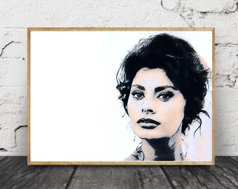Lámina artística de Sophia Loren, póster de película, póster de Sophia Loren, arte mural moderno, retrato de Sophia Loren, póster de película, lienzo artístico de Sophia Loren