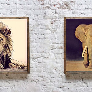 May include: Two framed animal illustrations. The left frame shows a lion with a mane, lying down and looking directly at the viewer. The right frame shows an elephant with large tusks, walking towards the viewer.