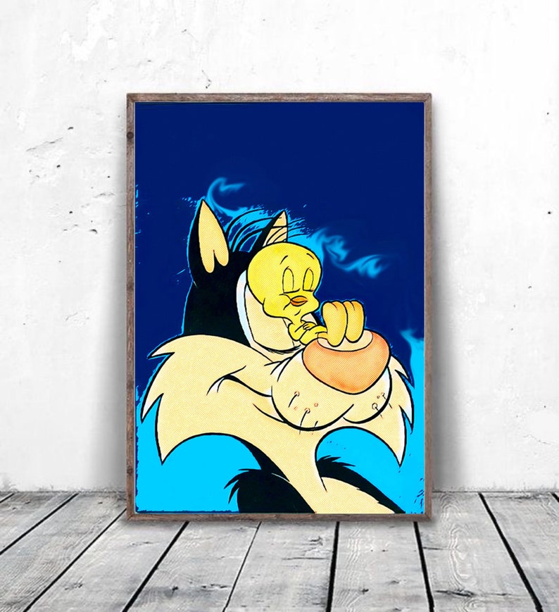 May include: A cartoon illustration of Sylvester the cat with Tweety Bird in his arms. Sylvester is black with a yellow face and Tweety Bird is yellow with a black beak. The background is blue with blue and white swirls.