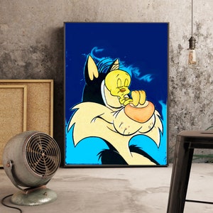 May include: A cartoon illustration of Sylvester the Cat and Tweety Bird. Sylvester is a large, black cat with a yellow face and a blue background. Tweety is a small, yellow bird with a black beak. Sylvester is holding Tweety in his mouth, and Tweety is looking at the viewer with a scared expression.