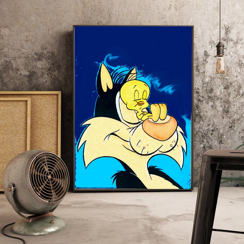May include: A cartoon illustration of Sylvester the Cat and Tweety Bird. Sylvester is a large, black cat with a yellow face and a blue background. Tweety is a small, yellow bird with a black beak. Sylvester is holding Tweety in his mouth, and Tweety is looking at the viewer with a scared expression.