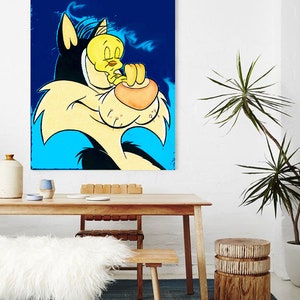 May include: A cartoon illustration of Sylvester the Cat and Tweety Bird. Sylvester is a black cat with a yellow face and Tweety is a yellow canary. The background is blue with white and yellow accents. The image is in a pop art style.