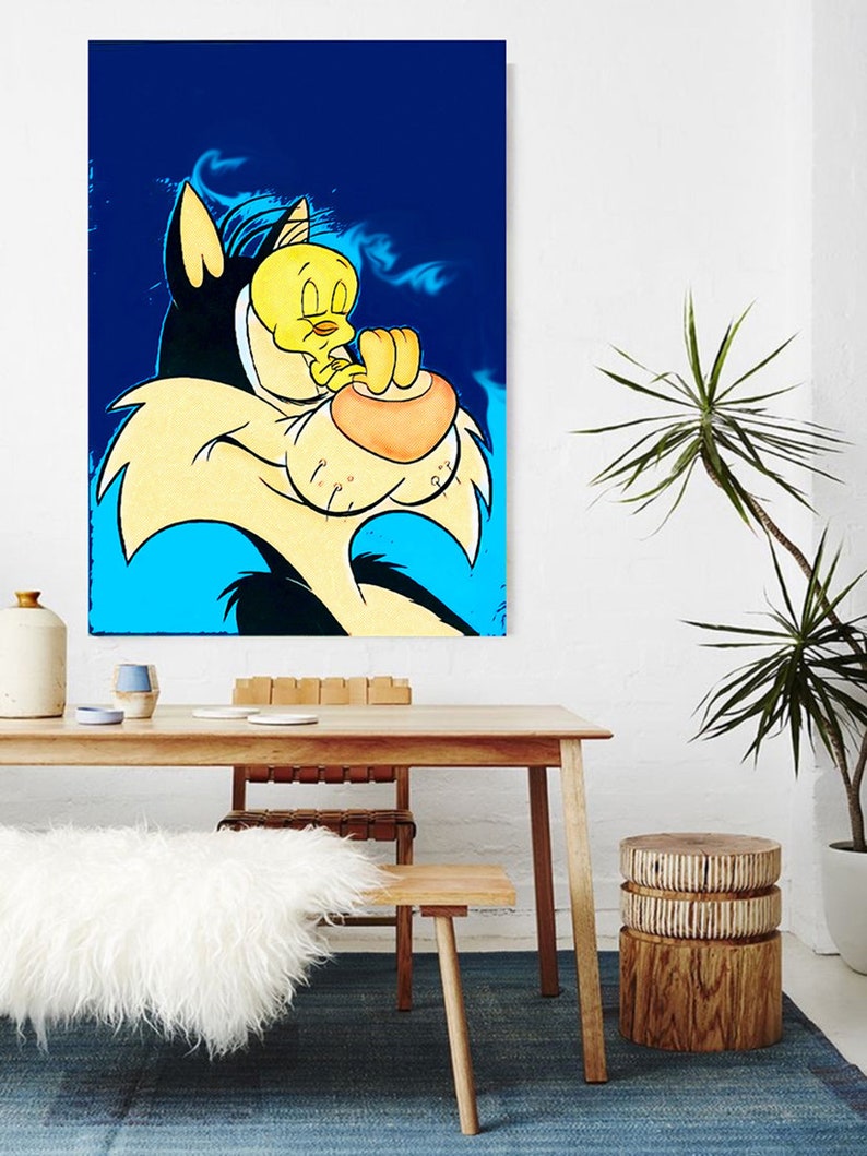 May include: A cartoon illustration of Sylvester the Cat and Tweety Bird. Sylvester is a black cat with a yellow face and Tweety is a yellow canary. The background is blue with white and yellow accents. The image is in a pop art style.