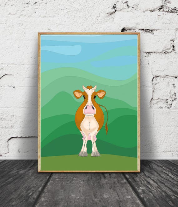 Animal Art, Good Luck Gift, Nursery Art, Kids Room Decor, Nursery Art Ideas, Relaxation Wall Art, Playroom Decor, Cow Drawing, Farm Wall Art