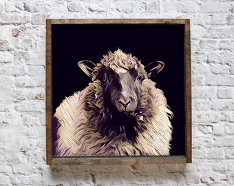 Arte mural de animales, arte de ovejas, regalo de buena suerte, arte animal, arte infantil, ideas de arte infantil, decoración de pared rústica, dibujo de ovejas, arte en lienzo