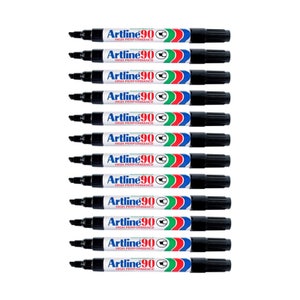 May include: A pack of ten black permanent markers with the text "Artline 90 High Performance" printed on the side. The markers have a red, blue, and green colour band around the barrel.