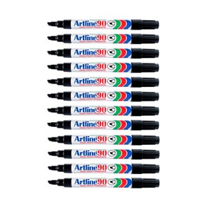 12 Artline 90 High Performance Black Permanent Marker Pen 2.0mm 5.0mm Chisel Tip Craft Write Draw Lettering image 1