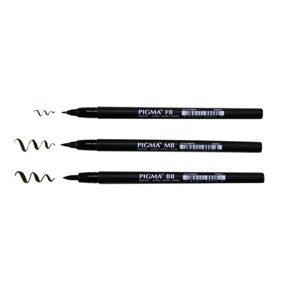 3 Sakura Professional Brush Pens Pigma Black Color Ink Archival