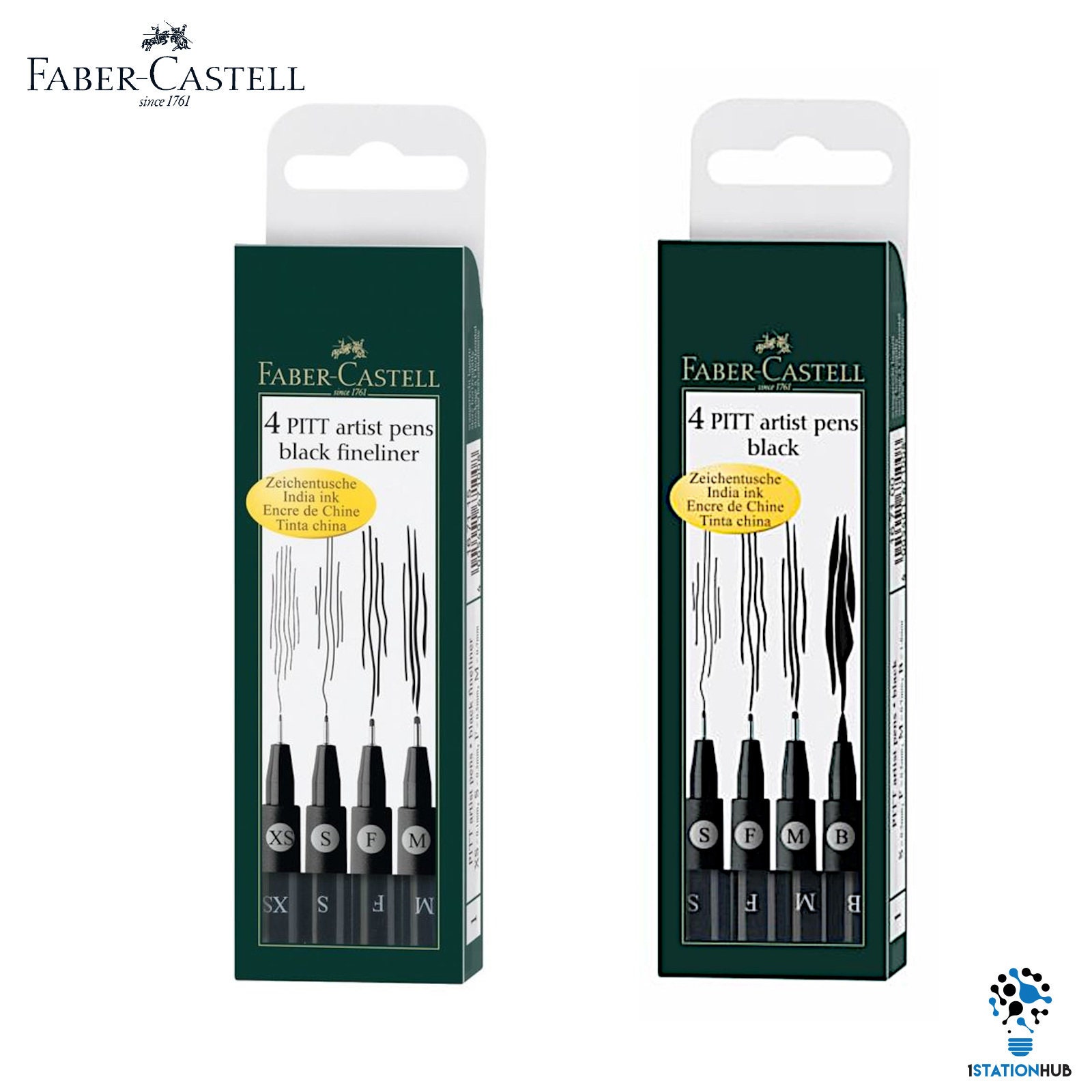 Faber Castell 4 Pitt Artist Pens Set Black Ink Arts Craft Drawing