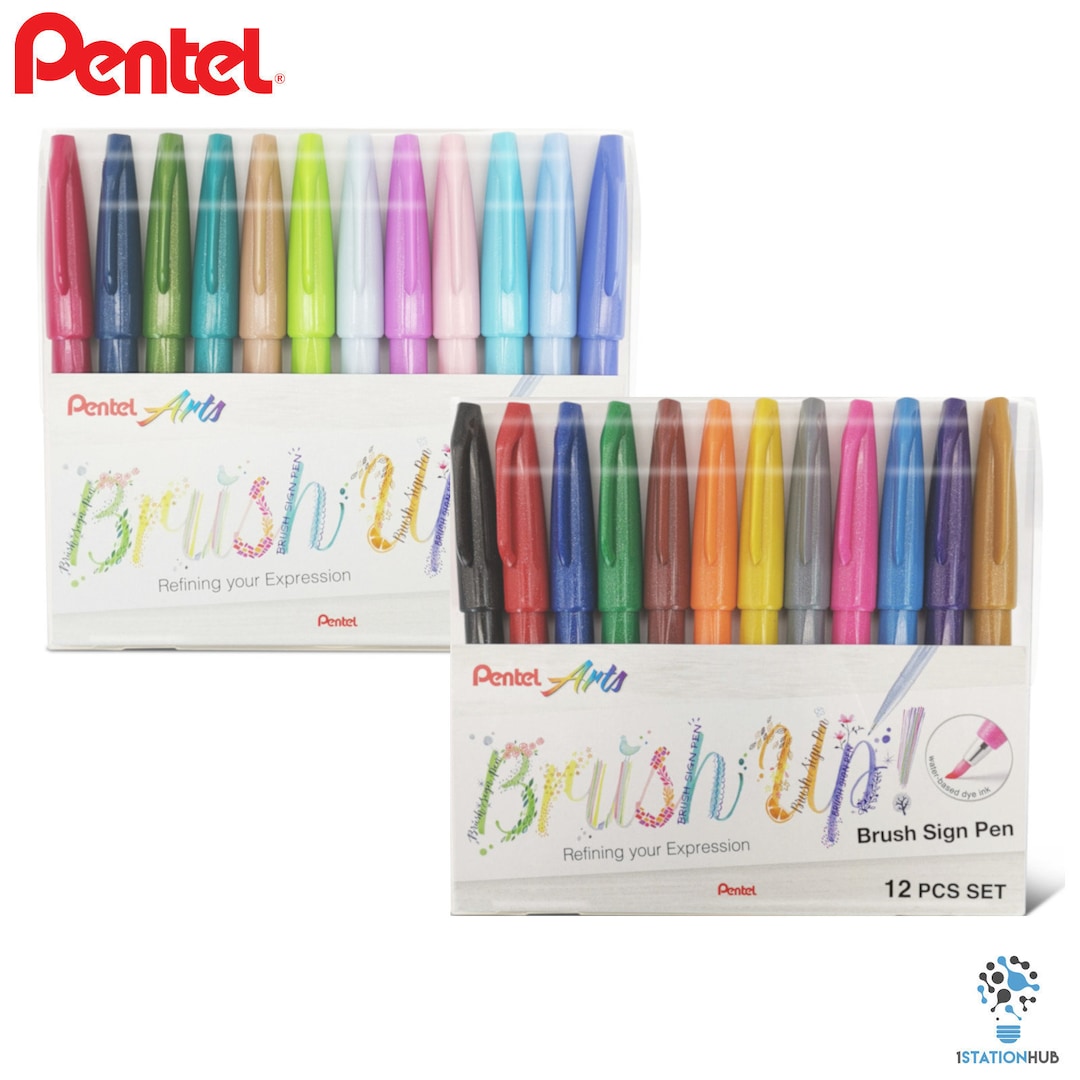 Pentel Brush Sign Pen 12pc Set Arts Craft Lettering Pens Basic/floral  Colour Sets 