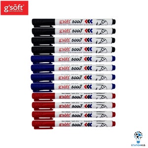 May include: A set of 12 whiteboard markers in black, blue, and red. The markers are labelled "g'soft 500J" and have a chisel tip.