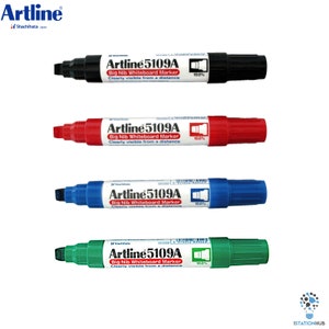 May include: Four whiteboard markers in black, red, blue, and green. Each marker has the text "Artline 5109A Big Nib Whiteboard Marker Clearly visible from a distance 10.0%"