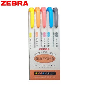 May include: A set of five Zebra Mildliner highlighters in yellow, orange, pink, blue, and gray. The packaging features the brand name Zebra and the product name Mildliner in Japanese and English. The text also says "5 colors" and "Water-based (water-soluble) highlighter".
