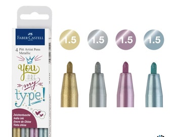 Faber Castell Pitt Artist Pen India Ink - Set med 4 metallpennor 1,5 mm | Creative Studio Marker | Guld Silver Rubinblå