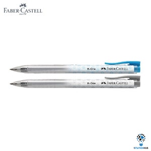 May include: Two clear plastic pens with blue and grey accents. The pens have a white and blue geometric pattern and the text "K-One FABER-CASTELL" printed on them.