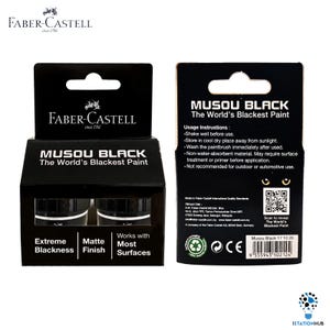 May include: Two small black paint bottles labelled 'Musou Black' with the tagline 'The World's Blackest Paint'. The bottles are packaged in a black box with the Faber-Castell logo and the text 'Extreme Blackness', 'Matte Finish', and 'Works with Most Surfaces'. The back of the box has usage instructions and a QR code.