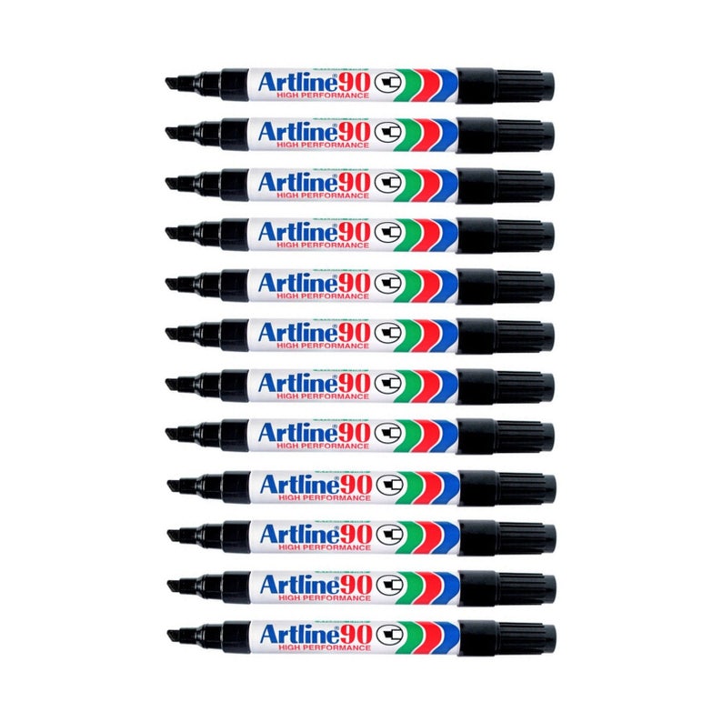12 Artline 90 High Performance Black Permanent Marker Pen 2.0mm 5.0mm Chisel Tip Craft Write Draw Lettering image 1
