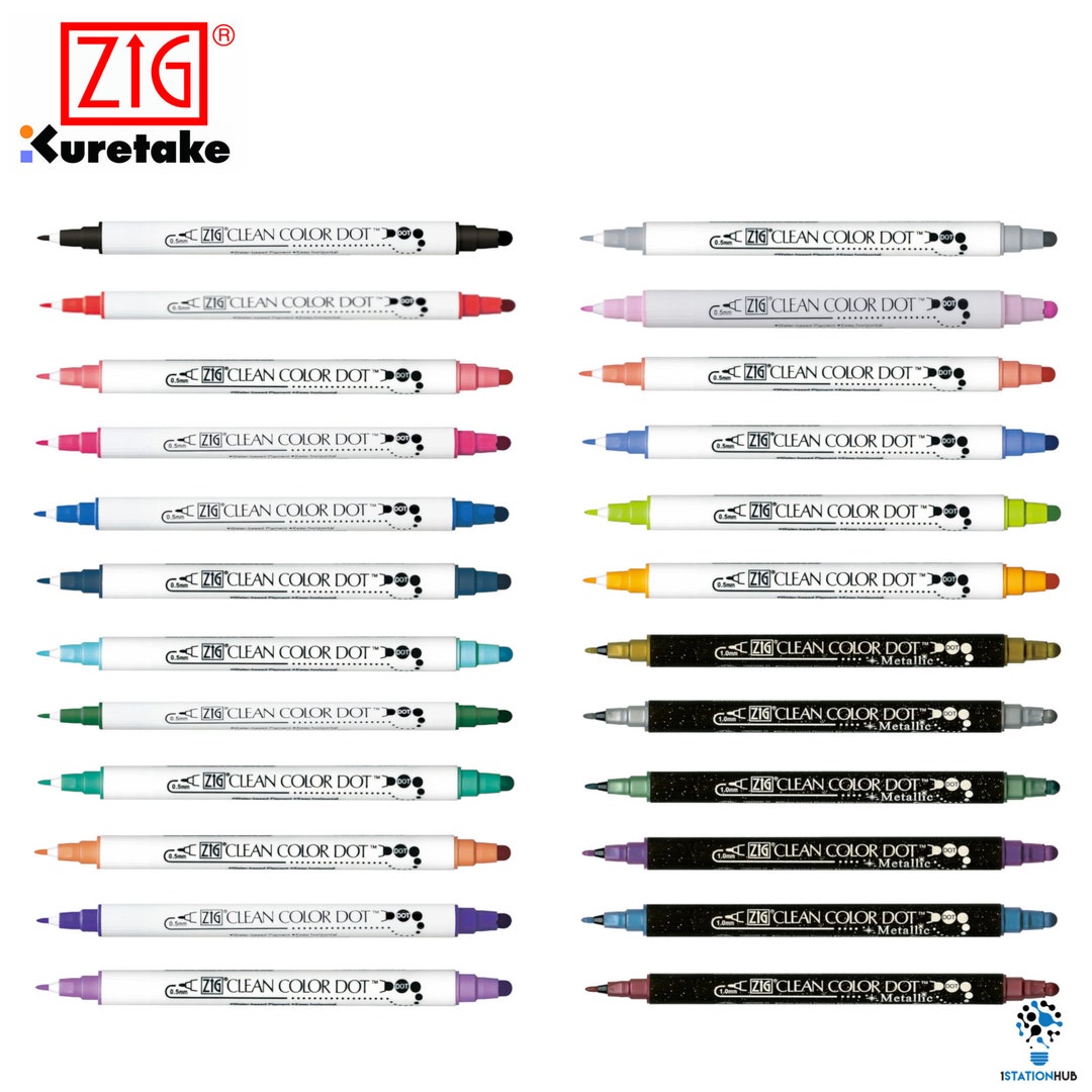 Kuretake ZIG Clean Color DOT markers, 12 colors set, Dual tip, for Bullet  Journals, Crafts, Illustration, Lettering 0.5mm fine tip on one end and a