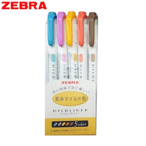 May include: A set of five Zebra Mildliner highlighters in pastel colors: light blue, pink, yellow, orange, and gray. The highlighters are packaged in a clear plastic case with a yellow label that reads "Zebra Mildliner" and "5 colors".