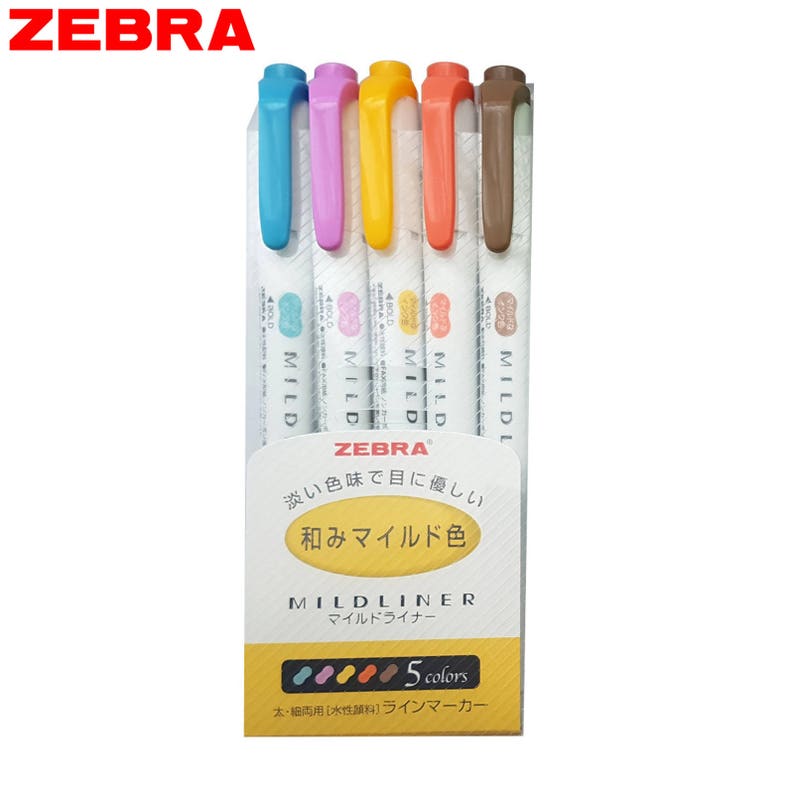 May include: A set of five Zebra Mildliner highlighters in pastel colors: light blue, pink, yellow, orange, and gray. The highlighters are packaged in a clear plastic case with a yellow label that reads "Zebra Mildliner" and "5 colors".