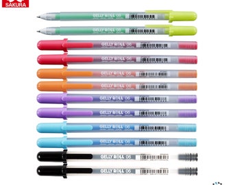 May include: A set of 10 Sakura Gelly Roll 06 gel pens in various colors, including green, pink, orange, purple, blue, and black. The pens have clear barrels and silver caps. The pens are arranged in a row, with the caps facing the viewer.