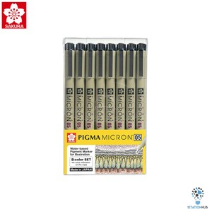 May include: A set of eight Sakura Pigma Micron 0.5 mm water-based pigment markers for illustration. The markers are beige with black caps and the ink color is indicated on the caps.