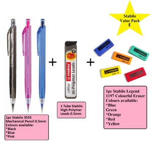 May include: A set of three Stabilo mechanical pencils in black, pink, and blue, a tube of Stabilo 0.5mm high polymer leads, and a set of five Stabilo Legend erasers in blue, green, orange, red, and yellow. The erasers are labelled "Stabilo Legend 1197".