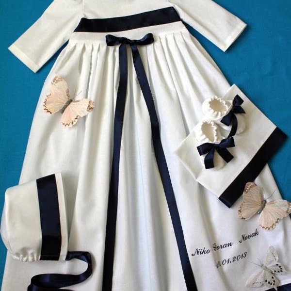 Baptismal dress with cap, baptismal scarf and shoes, baptismal set 4 pcs., cotton, handmade size 56, 62, 68, 74, 80, 86