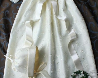 Taufkleid aus Satin und Organza in creme mit Mütze, Taufset 2-tlg., Gr. 56, 62, 68, 74, 80, 86