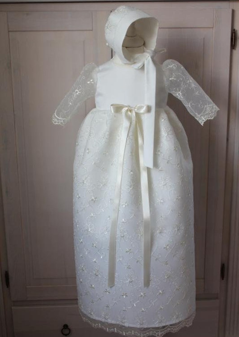 Baptismal dress in satin and organza in cream with cap, baptismal set 2 pcs., gr. 56, 62, 68, 74, 80, 86 image 4