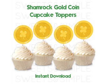 St. Patrick's Day Cupcake Toppers, Gold Coin Cupcake Toppers, Shamrock, Irish, Printable Cupcake Topper, Instant Download