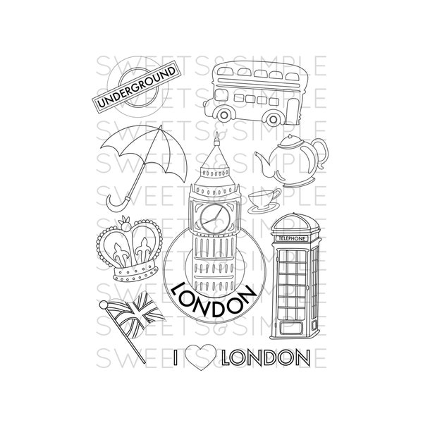 Londres, Coloriage, Feuille de coloriage, J'aime Londres, Angleterre, Coloriage adulte, Collage, Téléchargement immédiat, Imprimable