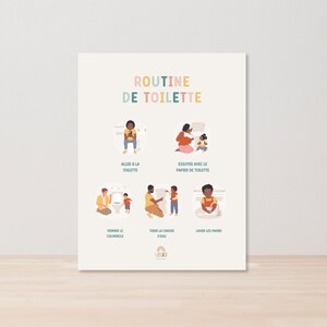 May include: A colorful illustrated poster with the title "ROUTINE DE TOILETTE" and six steps for using the toilet, including going to the toilet, wiping with toilet paper, flushing the toilet, washing hands, and more.