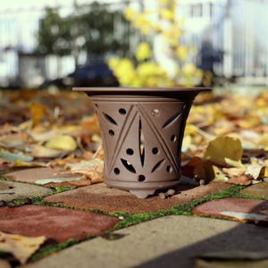 Può includere: Un vaso di fiori in ceramica marrone con un design geometrico di forme ritagliate. Il vaso è posizionato su un patio in mattoni ricoperto di foglie cadute. Il vaso ha un bordo largo e un corpo affusolato.