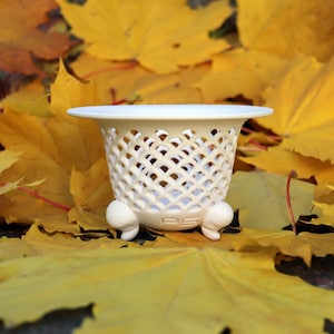 Può includere: Un vaso decorativo color crema con un design a griglia e tre piedini. Il vaso è appoggiato su un letto di vivaci foglie gialle autunnali. Il vaso ha un bordo ampio e svasato.