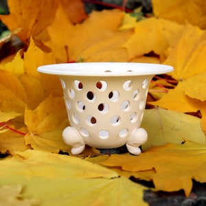 Può includere: Un vaso di ceramica traforata color crema con un bordo largo e tre piedini, su uno sfondo di vivaci foglie autunnali gialle. Il vaso presenta una serie di fori circolari distanziati.