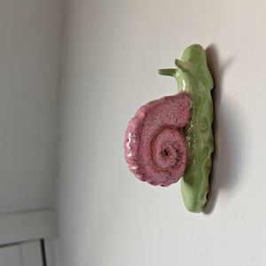 Op de afbeelding: Een keramische slakkenwanddecoratie. De slak heeft een gespikkelde roze schelp en een getextureerd groen lichaam. Het is bevestigd aan een witte muur. Dit eigenzinnige kunstwerk brengt een vleugje op de natuur geïnspireerde decoratie.