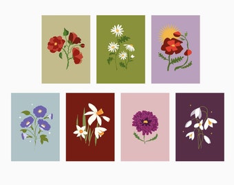 Kaartenset bloemen, Ansichtkaarten, bloemenkaart, bloemen print, print, kaarten