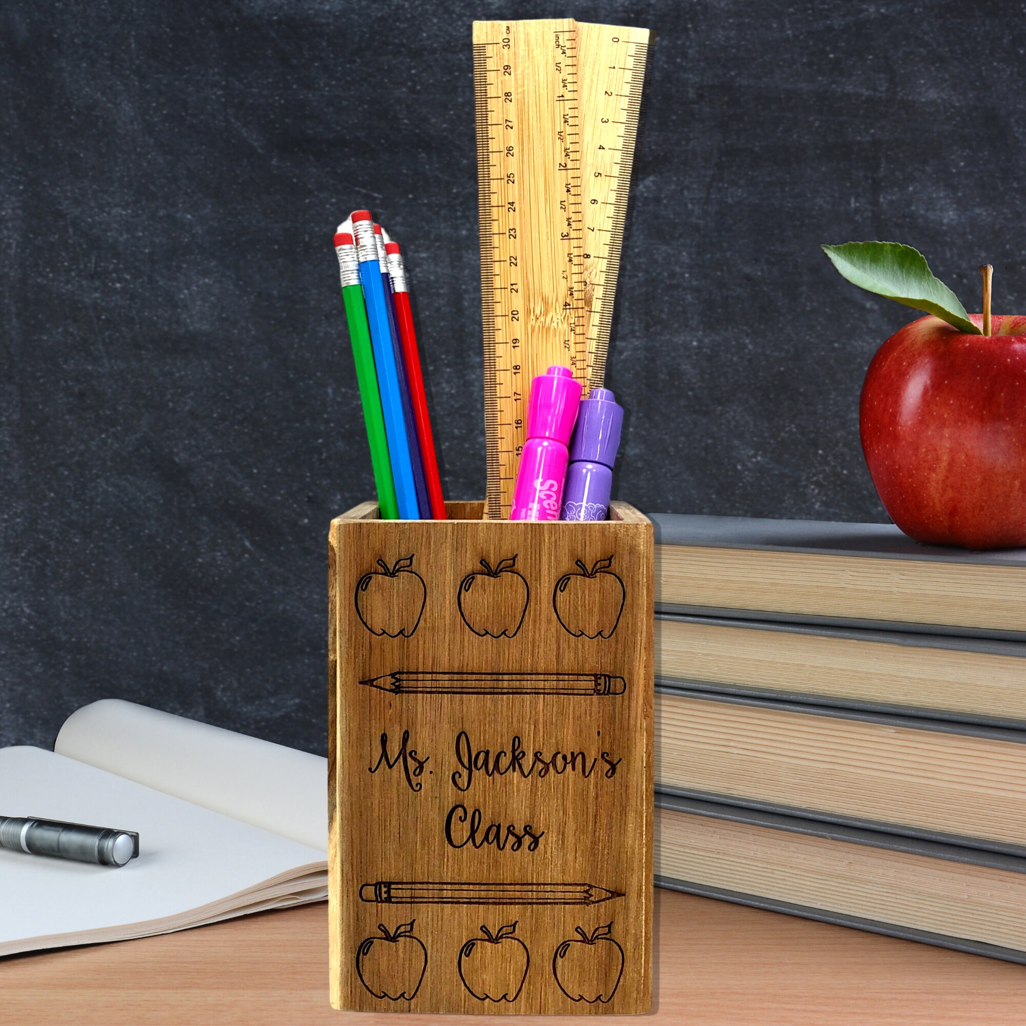 Customized Wooden Teacher Pencil Holder, Personalized Utensil Holder