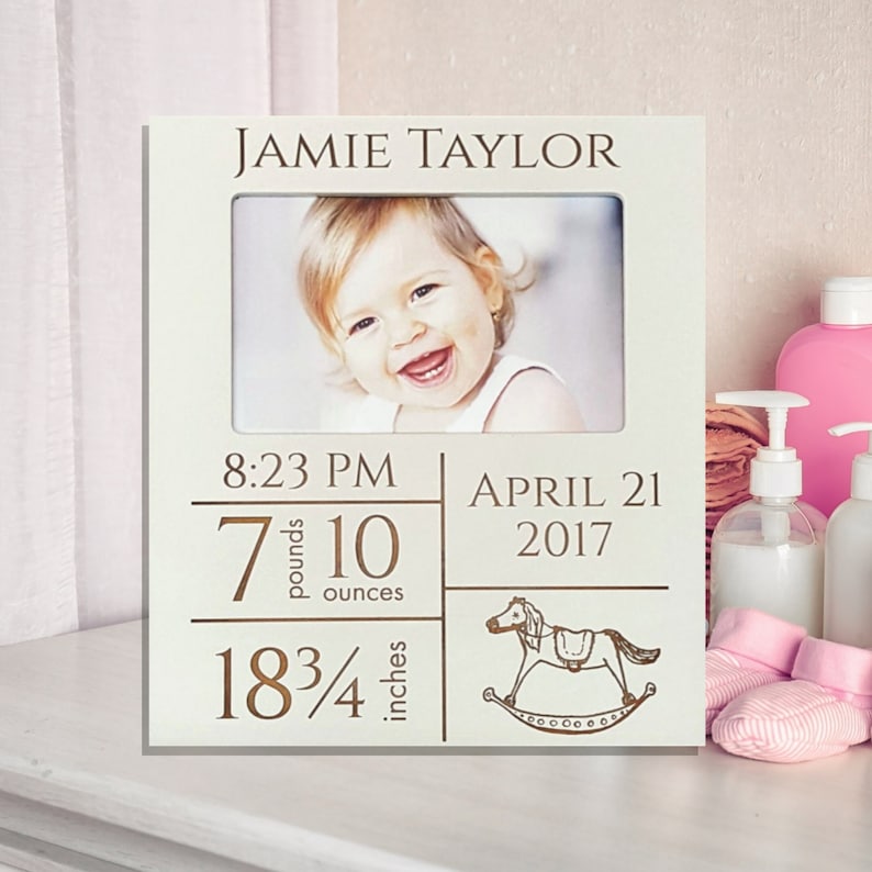 Birth Announcement Photo Frame, Baby Frame, 4x6 Frame, New Baby Frame, personalized laser engraved frame image 1