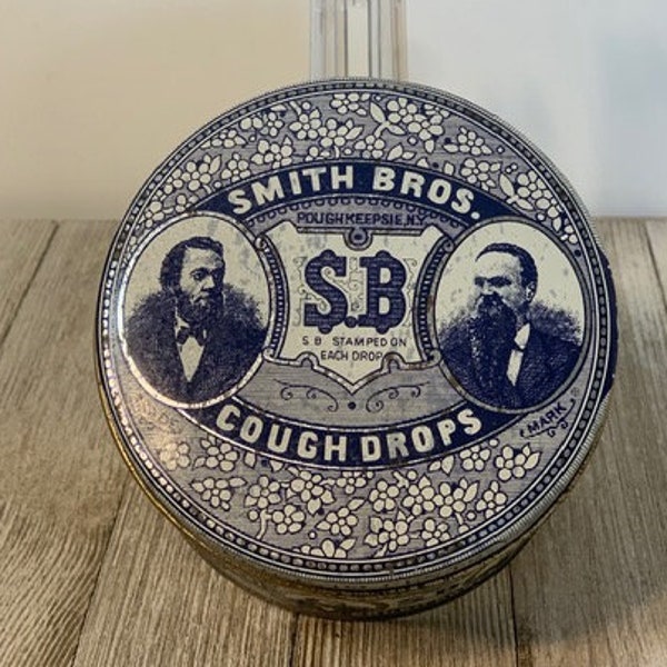 1980s Smith Brothers Cough Drops Tin Replica/Bristol Ware Blue and White/Hong Kong