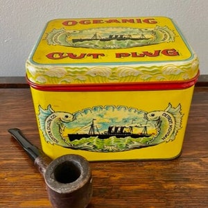 Oceanic Cut Plug Tin/1970s Vintage Tobacco Tin Box/Tobacciana/Unique Fish Graphics