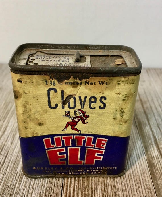 Vintage 1913 Little Elf Cloves Tin: Spice Canister with Paper Label