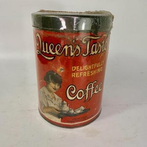 1920s Queen&#39;s Taste Coffee Tin/Paper Label/William Schotten Coffee Company