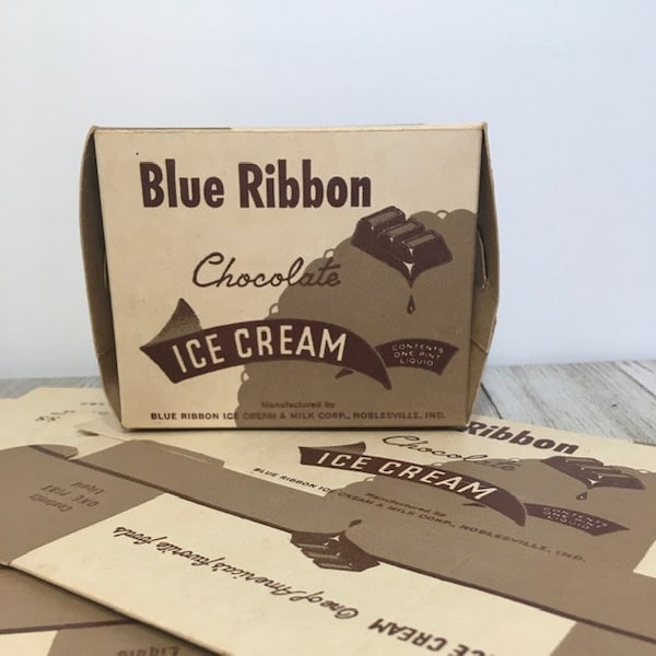Rare 1947 Crème glacée au ruban bleu/Carton de chocolat/ Pinte/Indiana