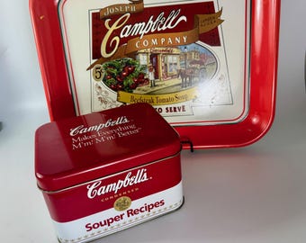 1996 Joseph Campbell Serving Tray and 1997 Campbell's Souper Recipe Box with Family Recipes