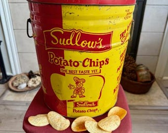 Sudlow&#39;s Potato Chips Tin/1960s Rare Muncie Canister/Sudlow Foods/Nostalgic Snack