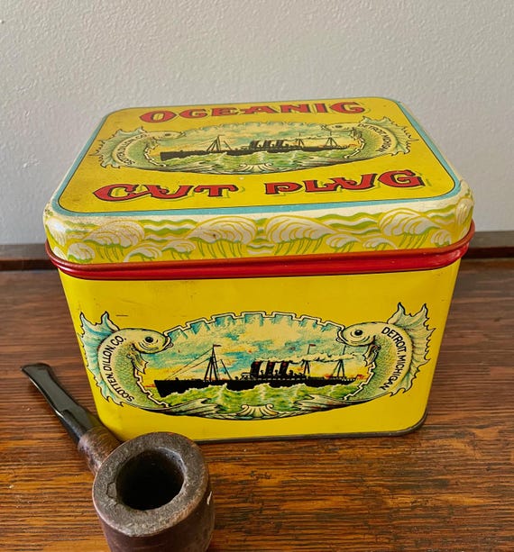 Oceanic Cut Plug Tin/1970s Vintage Tobacco Tin Box/tobacciana/unique Fish  Graphics